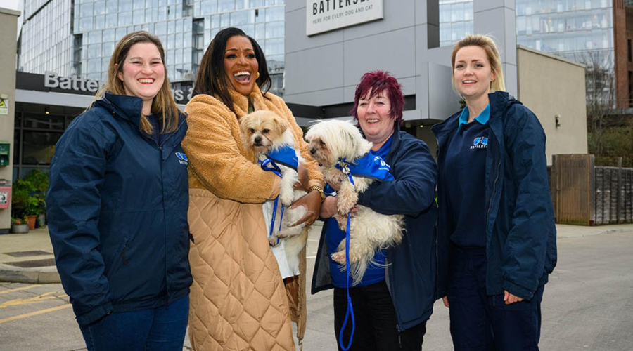Alison Hammond meets the Battersea Team: Nat Ingham Canine Behaviour Manager, Alison Hammond, Ali Taylor Battersea Head of Animal Behaviour and Becky Verne Rehoming Welfare Manager with Battersea Rescue Dogs Pip and Olive
