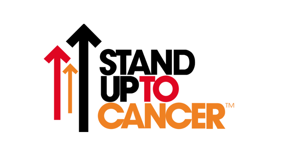 Stand up to Cancer logo, which has the words spelt out in capital letter and bold text, in the colours red, black, and orange. To the left, three arrows in matching colours point upwards. 