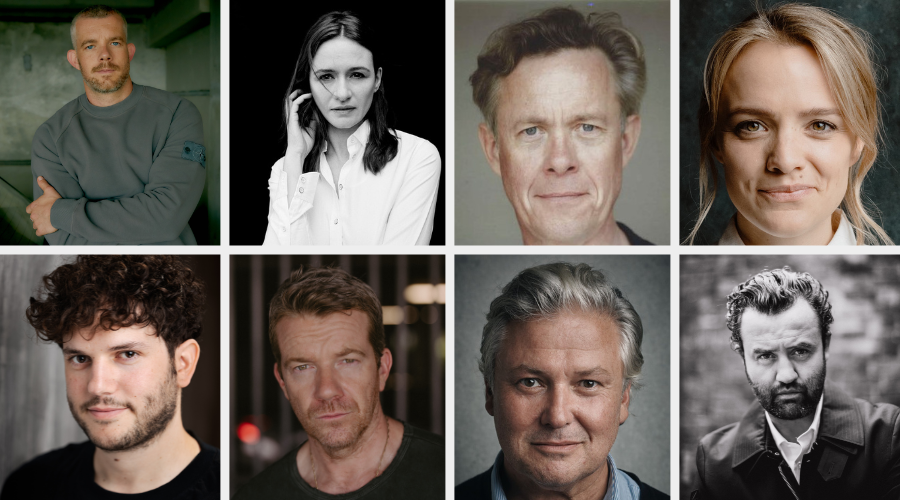 Headshots of the eight actors, all in colour except for Emily Mortimer's and Daniel Mays's, which are in black and white