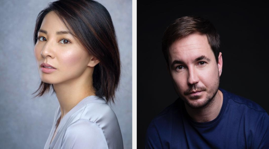 A headshot of Jing Lusi, a Chinese-born British woman in her thirties, against a grey backdrop, next to a headshot of Martin Compston, a white man in his forties