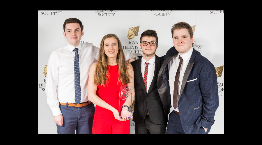 (L-R) Jamie Sutherland, Kate Galbraith, Sean Hayman and Calum McIntosh, winners of Best Factual, at the RTS Scotland Student Awards 2017 on the 1st of March 2017 at The Hub Glasgow.