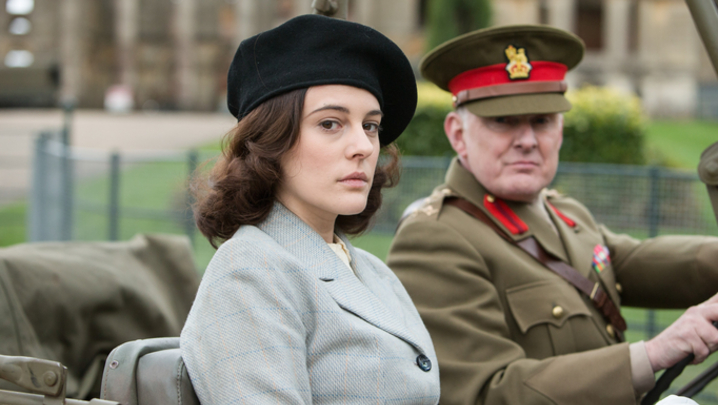 Kathy Griffiths (Phoebe Fox) and Brigadier Wainwright (Robert Glenister) in Close to the Enemy (Credit: A Rogers/ BBC/Little Island Productions)