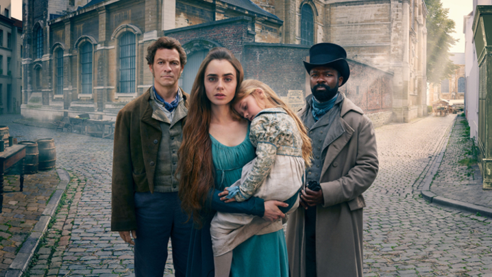 Jean Valjean (Dominic West), Fantine (Lily Collins) and Javert (David Oyelowo) (Credit: BBC/Lookout Point/Mitch Jenkins)