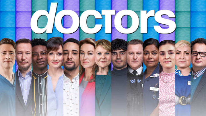 Headshots of individual cast in hospital scrubs with white lettering spelling 'doctors' superimposed on the image
