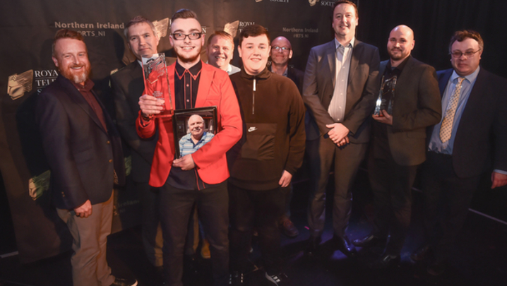 Animation Award Winners: Belfast Metropolitan College’s Vito the Clown, Gavin O’Connor Clarke, Sean Burns and Conor McAllister with Gareth Graham from Performance Film and Media who sponsored the award, Dr Stephen Farry, MLA and tutors from Belfast Metrop