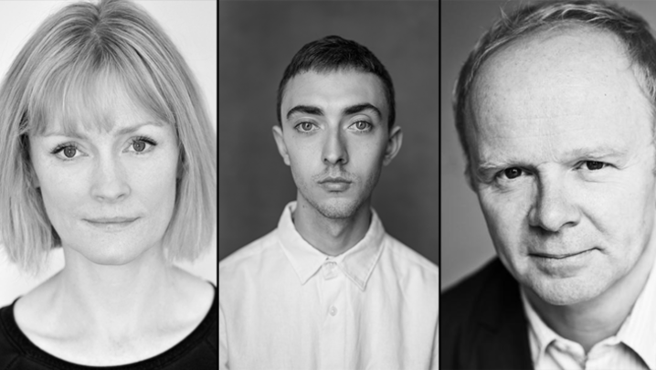 Black-and-white headshots, from left to right, of Claire Skinner, Joe Barber and Jason Watkins