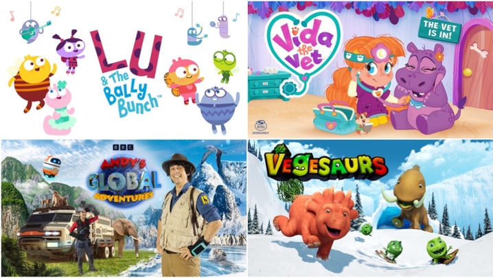 A two-by-two grid of different show logos. From top left clockwise, they are Lu & The Bally Bunch, Vida the Vet, Vegesaurs and Andy's Global Adventures