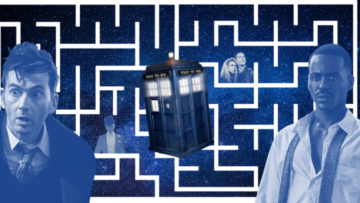 In a stylised graphic, different versions of the Doctor, played by David Tennant and Ncuti Gatwa, stand in front of a maze. The TARDIS is at the centre of the maze, with the Toymaker, the Ninth Doctor and Rose Tyler in the maze