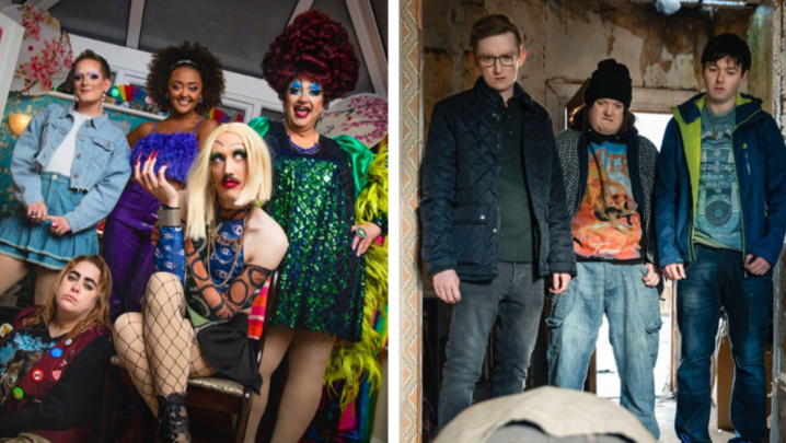 Two images. On the right-hand image, Ryan Dyland, Lee Dobbin and Rian Lennon stand in a dilapidated room, looking downwards. On the left-hand image, Elijah Young, Alexandra Mardell, Mark Benton, Phil Dunning, Patsy Lowe look into the camera
