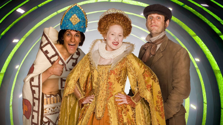 Cast members Mathew Baynton, Martha Howe-Douglas and Laurence Rickard in historical dress