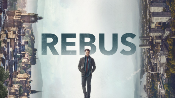 John Rebus walks into camera, with text reading 'Rebus' and a cityscape turned on its side on the left and right behind him