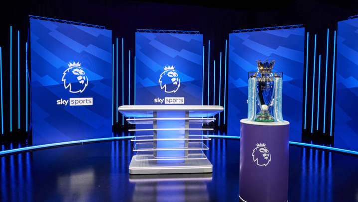 The Sky Sports Football studio, decorated with the official Premier League trophy