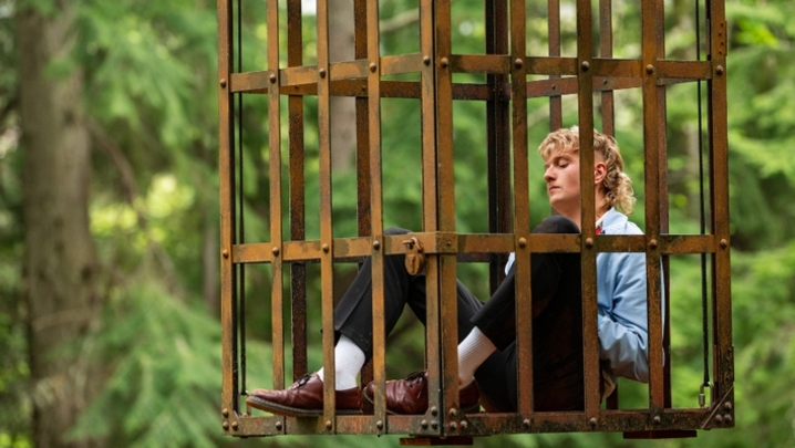 A white man with blonde hair sits down in a hanging cage, looking dejected