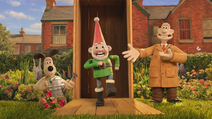 Wallace and Gromit present their new invention: Smart Gnome Norbot, who dances on the spot in a garden