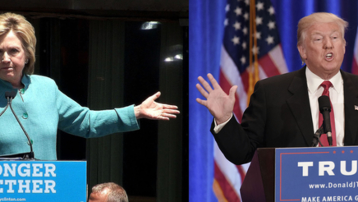 Left: Trump giving a speech at the Trump SOHO Hotel in New York in June. Right: Clinton giving a speech in Atlantic City Credit in July: REX/Shutterstock 