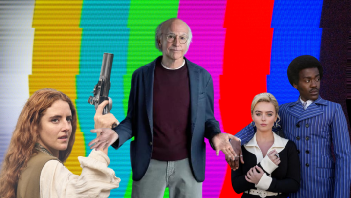 Louisa Harland in Renegade Nell, Larry David from Curb Your Enthusiasm and Ncuti Gatwa and Millie Gibson in Doctor Who over a multicoloured TV screen backdrop 