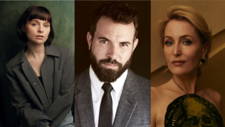 Headshots of Lola Petticrew, Tom Cullen and Gillian Anderson