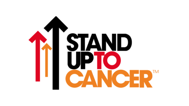 Stand up to Cancer logo, which has the words spelt out in capital letter and bold text, in the colours red, black, and orange. To the left, three arrows in matching colours point upwards. 
