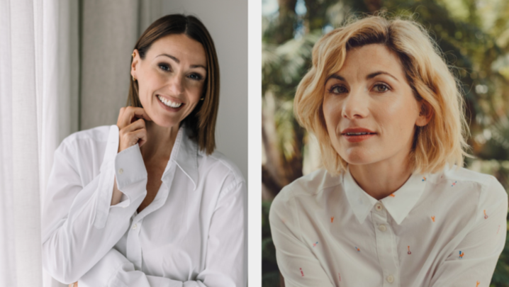 A photo of Suranne Jones next to a photo of Jodie Whittaker, both wearing white shirts. Jones smiles, whereas Whittaker has her mouth slightly open and looks into the camera enigmatically 