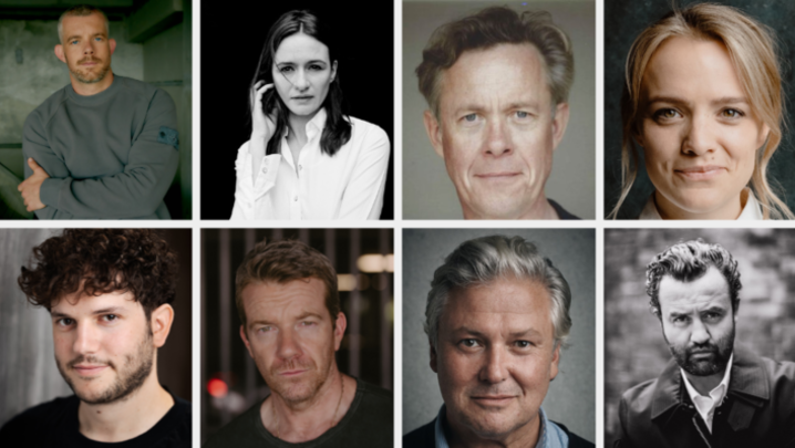 Headshots of the eight actors, all in colour except for Emily Mortimer's and Daniel Mays's, which are in black and white