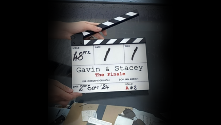 A clapperboard from the first day of filming for the 2024 Gavin & Stacey Christmas Special