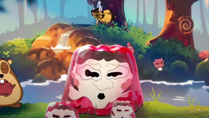 A still from the trailer, featuring an animated Noel Fielding's face warped by jelly, with Alison Hammond flying behind him