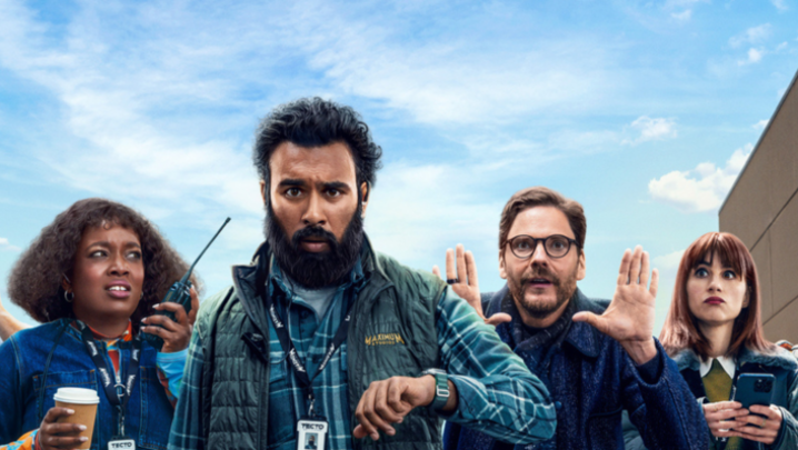 Lolly Adefope, Himesh Patel, Daniel Brühl and Aya Cash strike poses in front of a blue sky