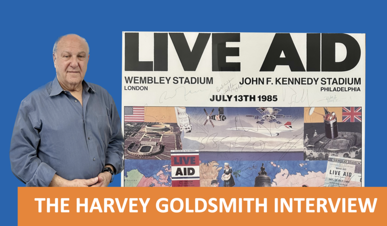 An image of concert promoter Harvey Goldsmith against a newspaper clipping for Live Aid