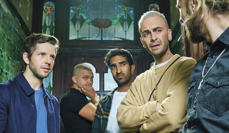 Joe Gilgun as Vinnie, second from right, in Brassic (credit: Sky)