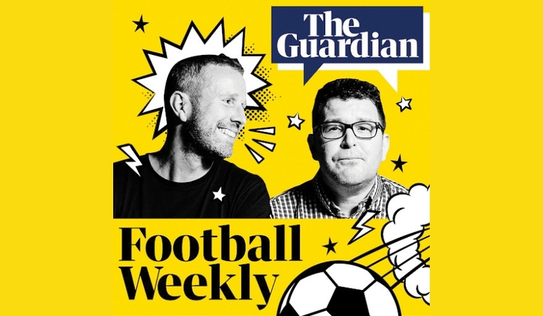 The yellow, comic book style artwork for the Guardian Football Weekly features headshots of hosts Max Rushden and Barry Glendenning