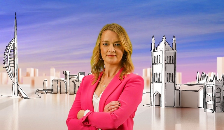 Laura Kuenssberg in front of a backdrop showing illustrations of UK landmarks