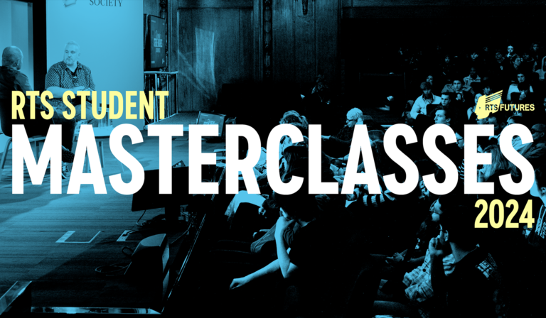 Two people talk in front of a captive audience, in a photo that has been edited to look black and blue. Text is overlaid on the image, reading "RTS Student Masterclasses 2024", with the RTS Futures logo also overlaid