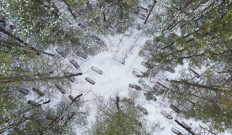 A collection of graves lie in a forest covered in snow