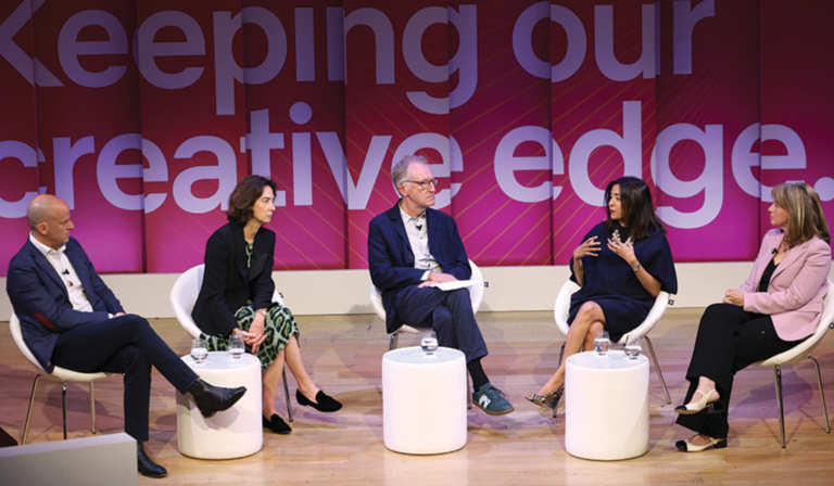 John Gapper, Cécile Frot-Coutaz, Andrew Georgiou, Nami Patel, and Sarah Rose sit onstage at the RTS London Convention, engaged in conversation