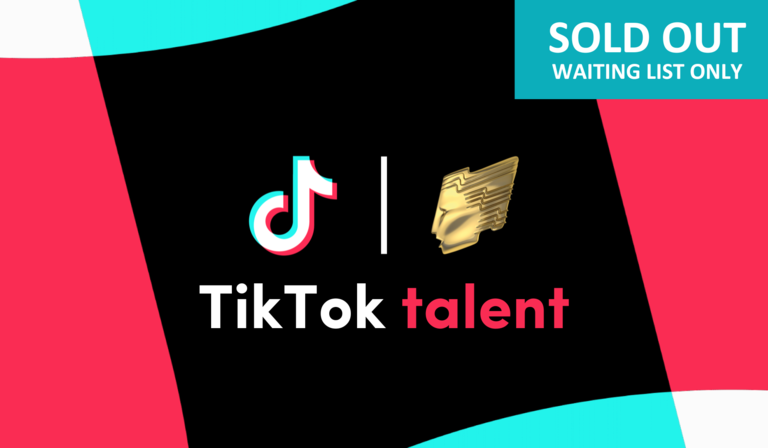 The TikTok logo against a black, blue, red and white geometric background with the word's 'TikTok talent" below the logo