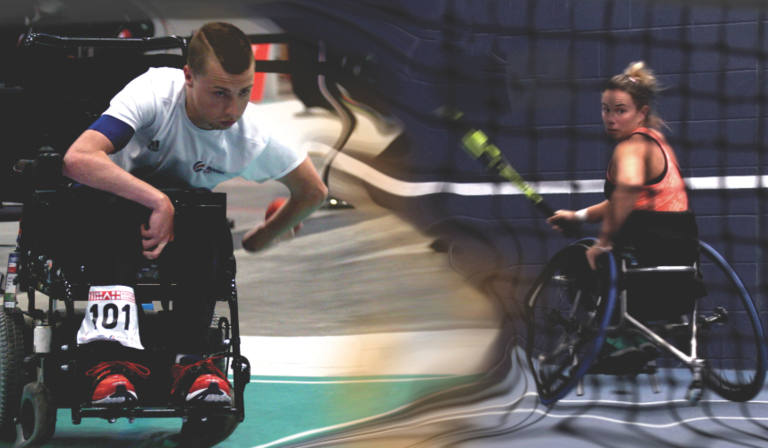 Images of David Smith and Lucky Shuker in wheelchairs are side-by-side, with a distorted effect merging the two together. Smith is in his mid-thirties and Shuker mid-forties