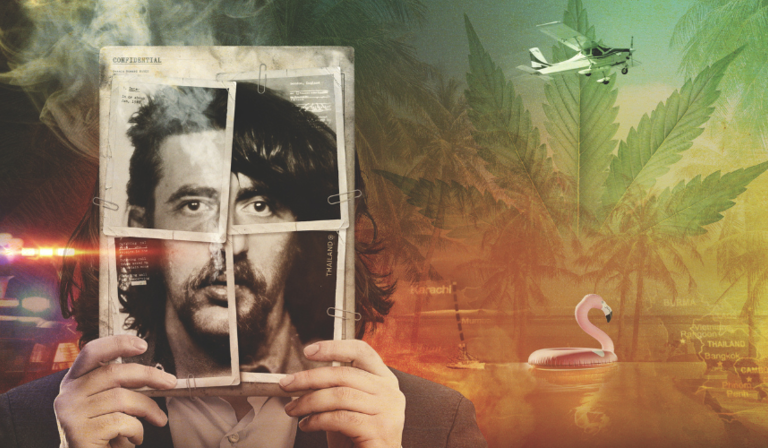 Four photos of the face of a man in his thirties or forties are held up in front of somebody's face. Behind him, there is a green and orange backdrop with cannabis leaves, a small plane and a flamingo pool float